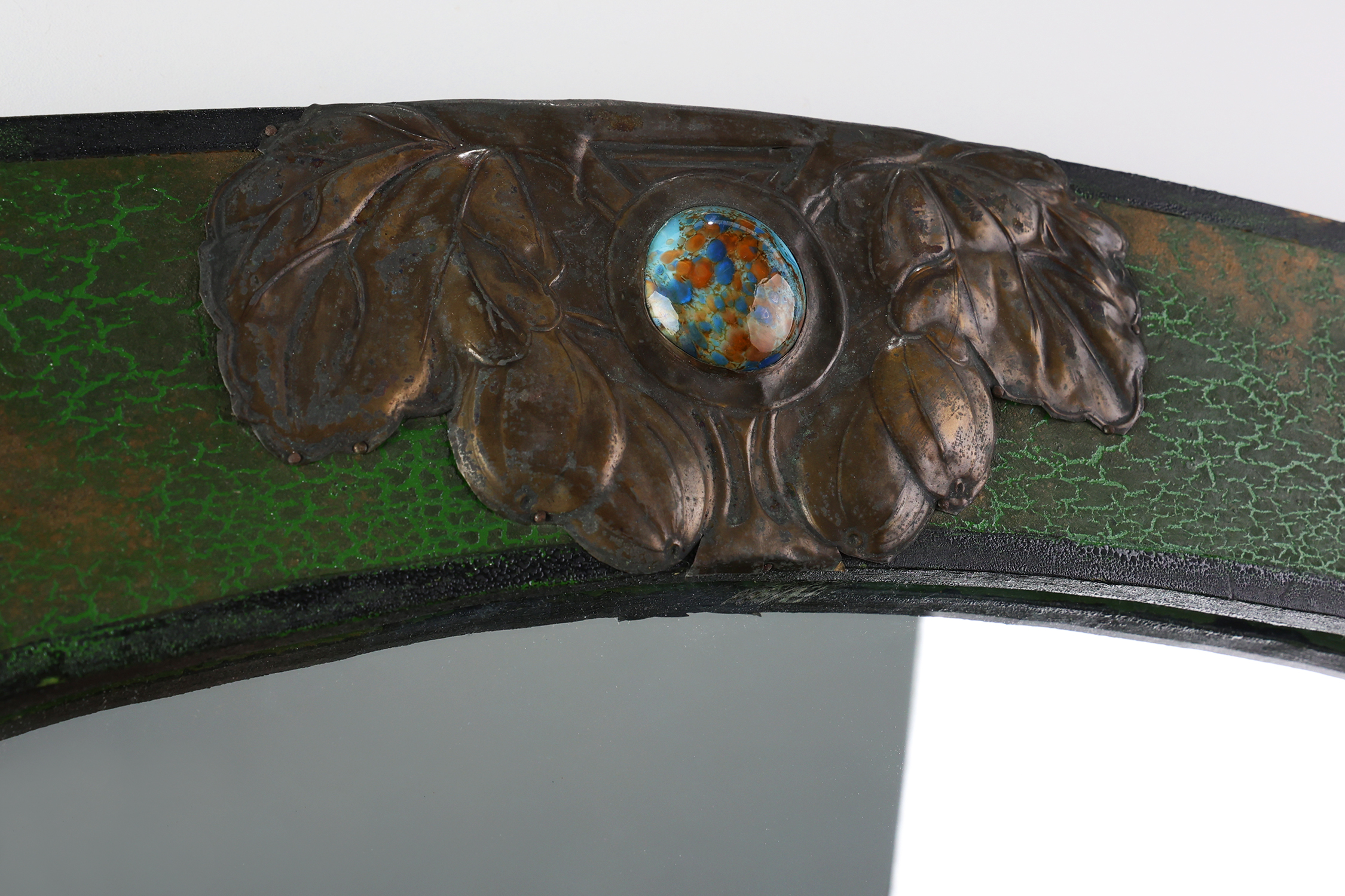 Arts & Crafts Mirror in green metal with glass decoration, France ca. 1905 thumbnail